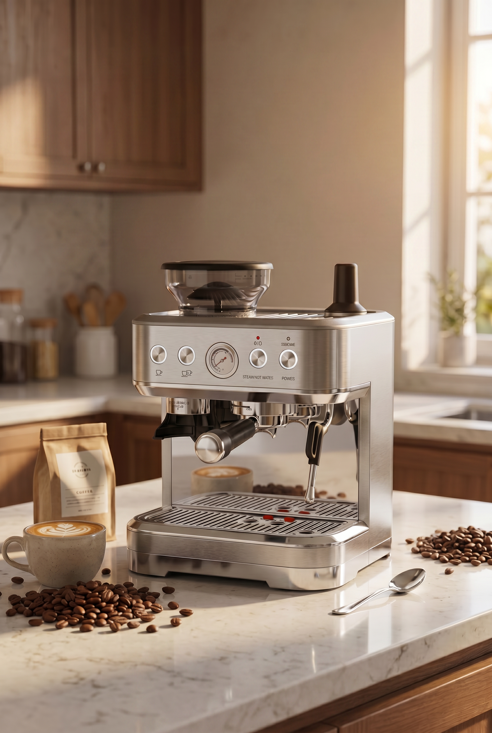Stainless Steel Espresso Machine with Milk Frother & Grinder