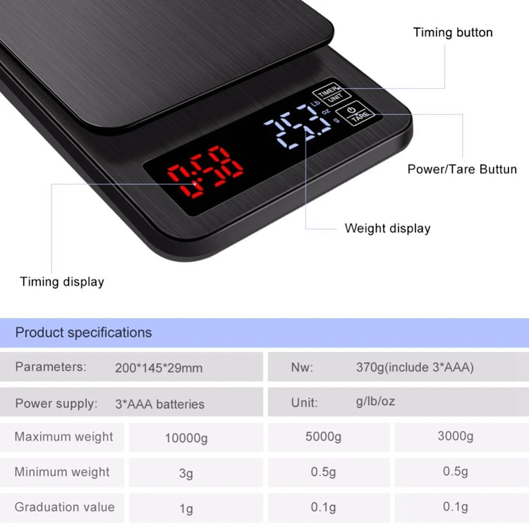 Precision Electronic Coffee Scale LCD Digital USB Drip Kitchen Scale with Timer