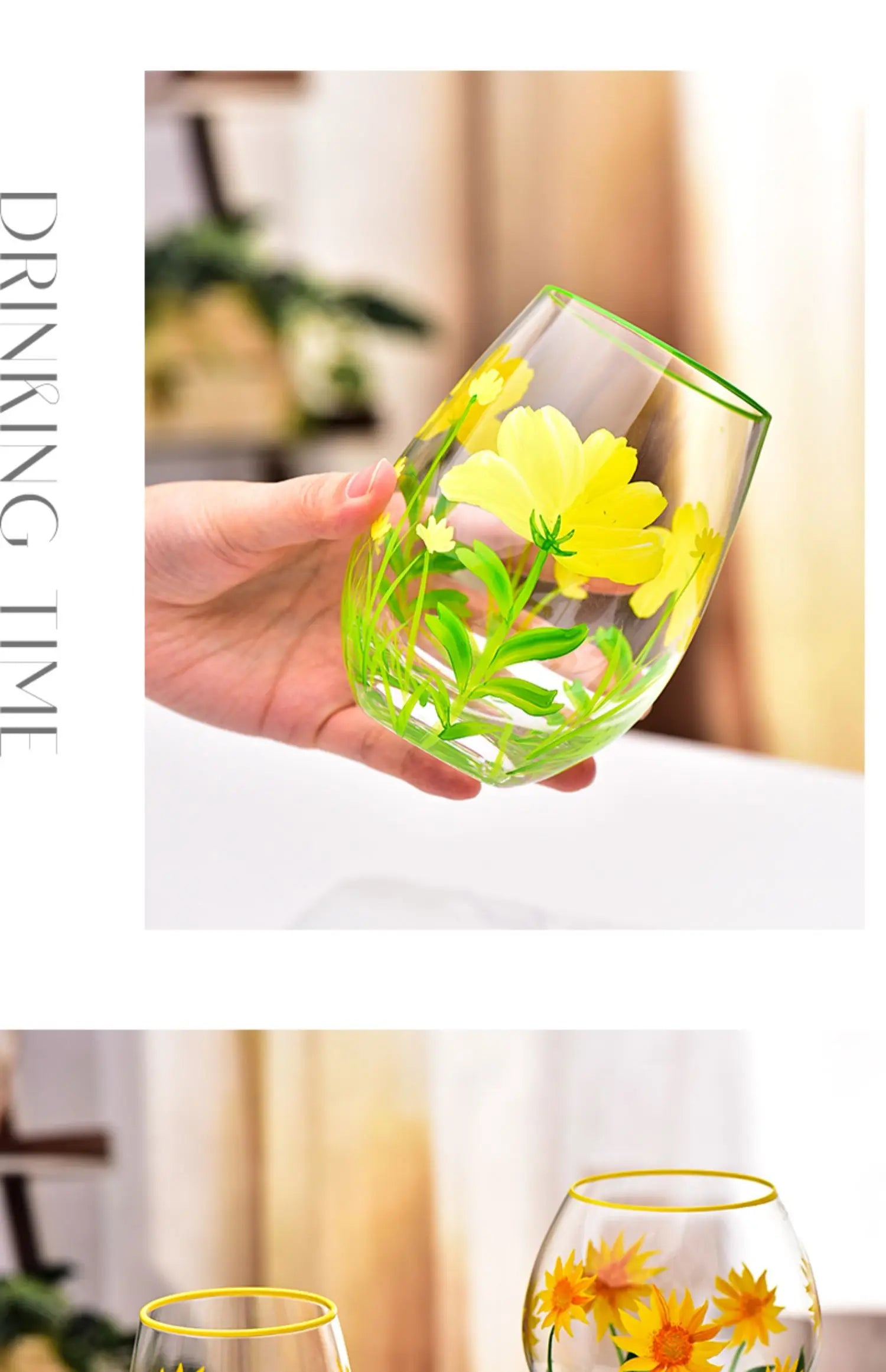 Hand Drawn Flower Patterned Crystal Glass Cup Festival Party Art High Feet