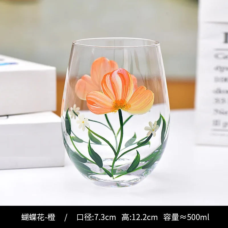Hand Drawn Flower Patterned Crystal Glass Cup Festival Party Art High Feet