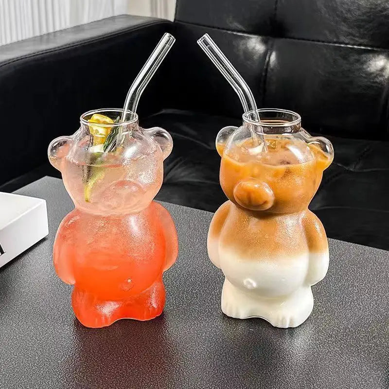 Cartoon Bear Shaped Glass Cup With Straw 300ml Transparent Juice Cocktail
