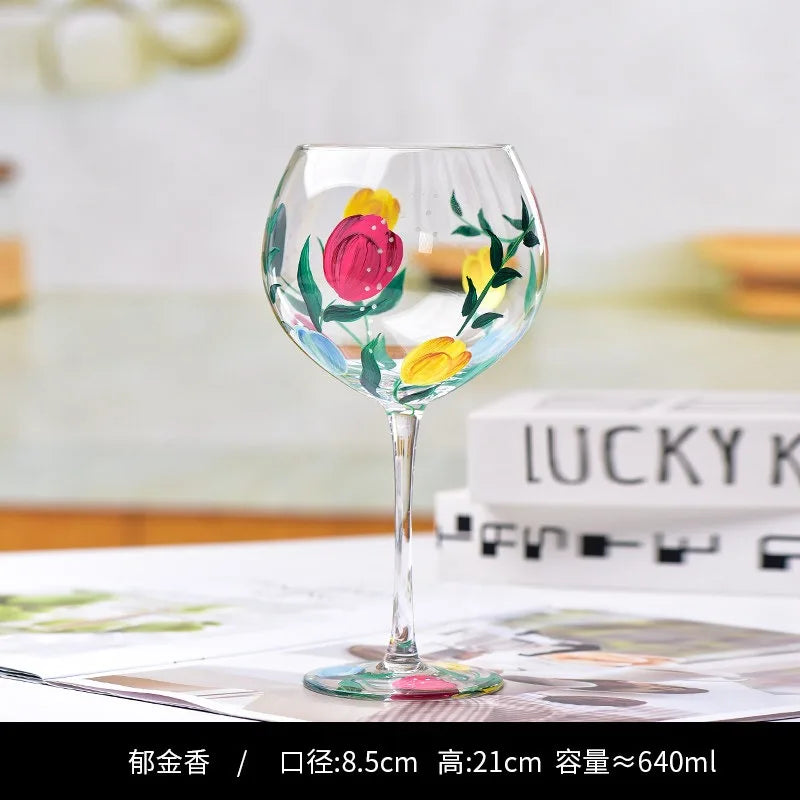 Hand Drawn Flower Patterned Crystal Glass Cup Festival Party Art High Feet