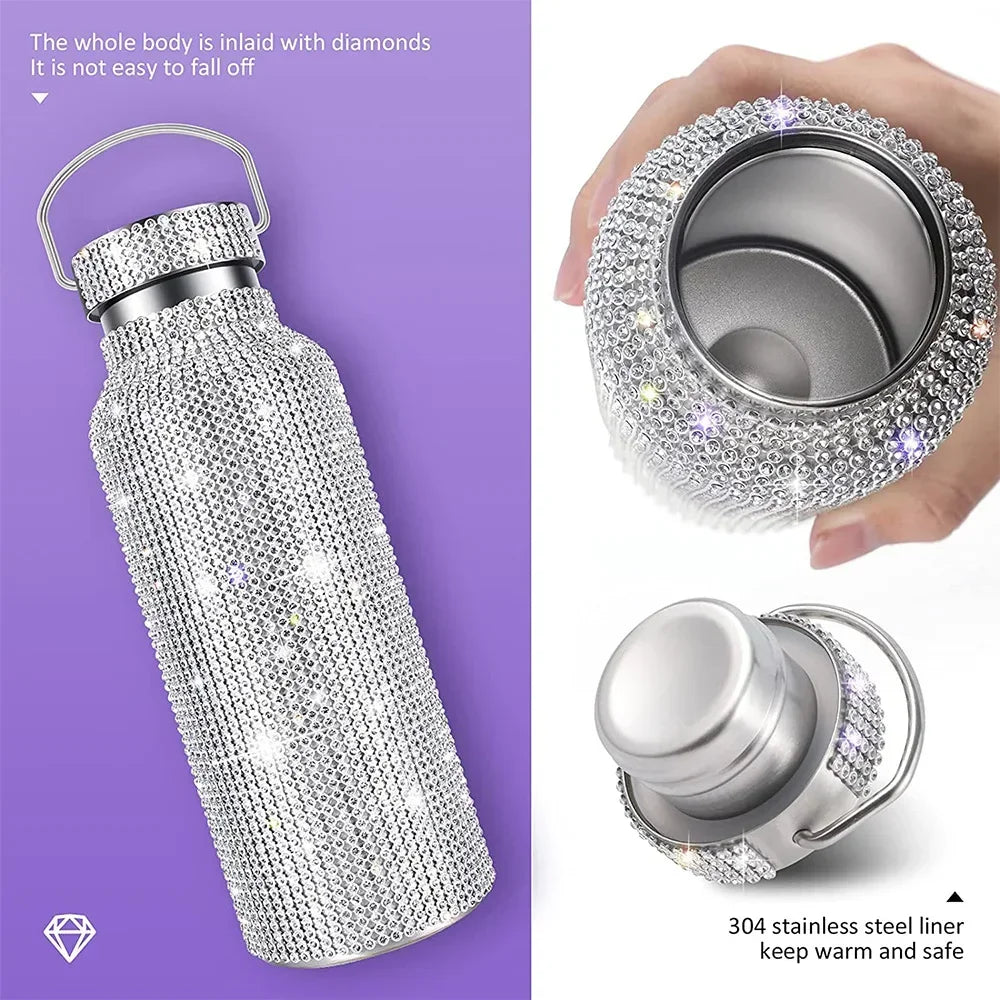 Luxury Rhinestone Thermos Bottle 2pcs Chain Portable Water Bottle Double Wall