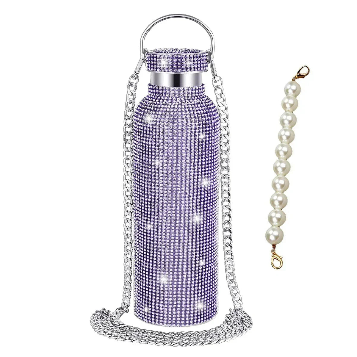 Luxury Rhinestone Thermos Bottle 2pcs Chain Portable Water Bottle Double Wall
