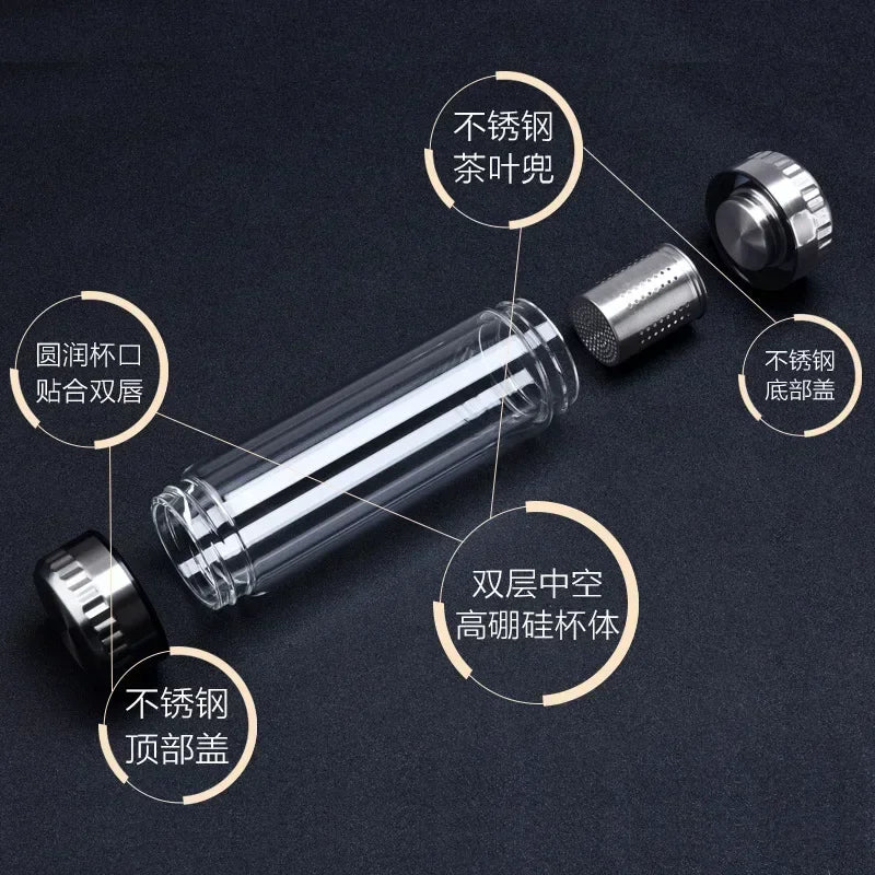 Glass Water Bottle Stainless Steel Tea Infuser Filter Double Wall Lid Thick Cup