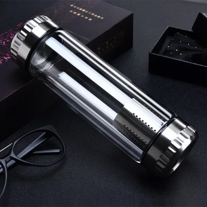Glass Water Bottle Stainless Steel Tea Infuser Filter Double Wall Lid Thick Cup