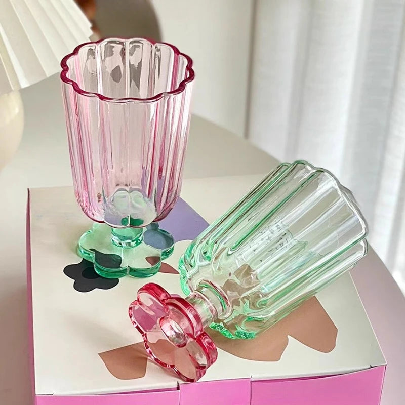 250ml French Style Glass Cup  Flower Shaped Wine Glass Cute Boba Tea