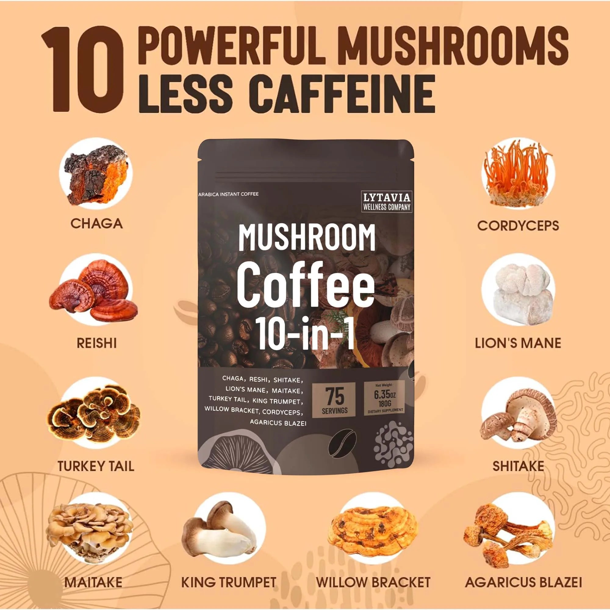 Mushroom Coffee With 10 Adaptogenic Mushrooms And MCT Oil Instant Coffee