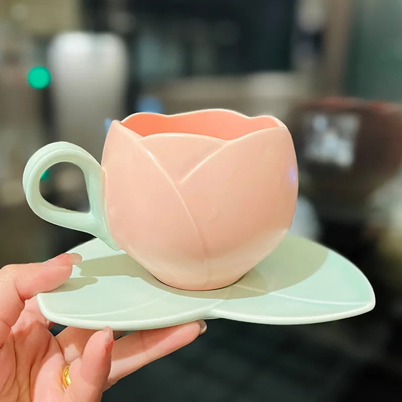 Tulip Cups and Saucers, Flower-shaped Ceramic Coffee Cups Lovely Drink Cups
