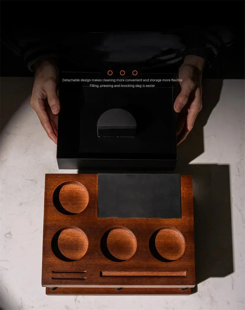 Wooden Coffee Tamper Station Stand with Knock Box Coffee Organizer Box