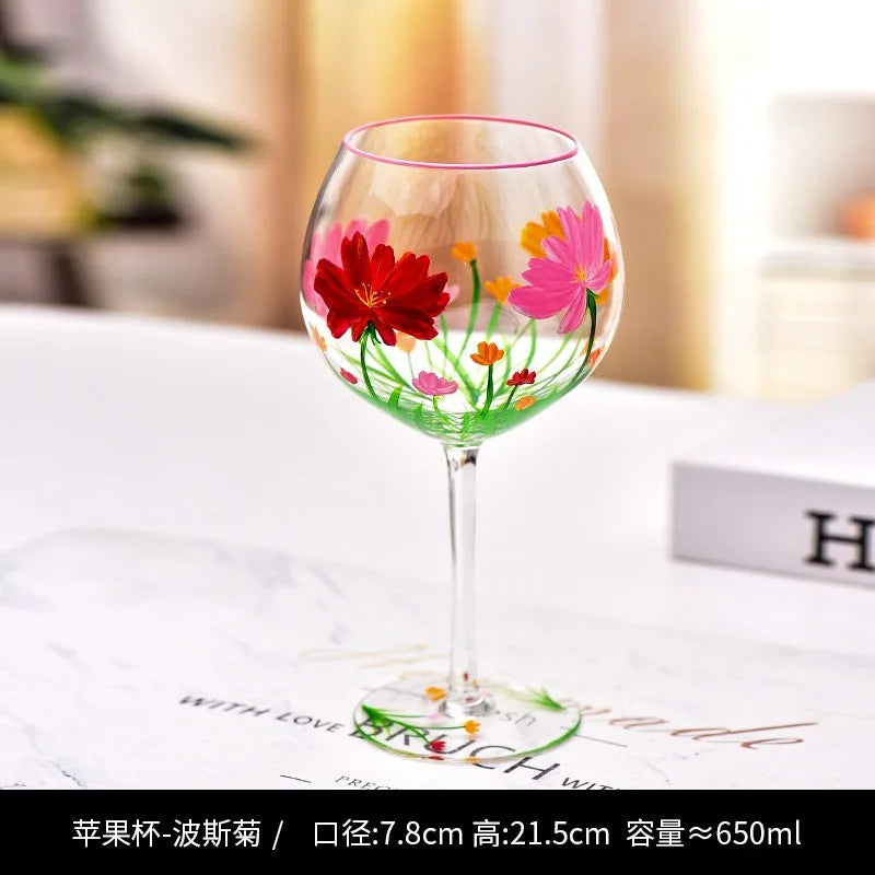 Hand Drawn Flower Patterned Crystal Glass Cup Festival Party Art High Feet