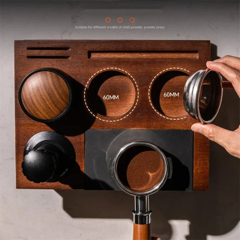 Wooden Coffee Tamper Station Stand with Knock Box Coffee Organizer Box