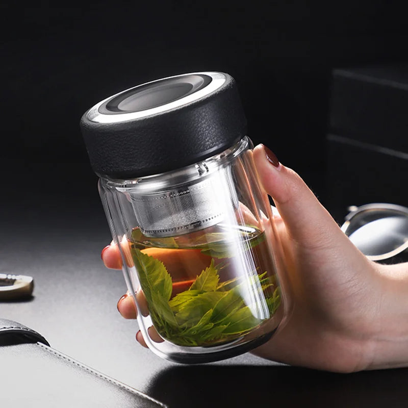 Portable 310ml Glass Water Bottle with Tea Infuser Double Wall Thermal Tea