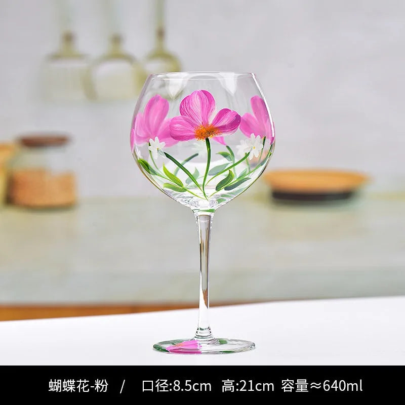 Hand Drawn Flower Patterned Crystal Glass Cup Festival Party Art High Feet