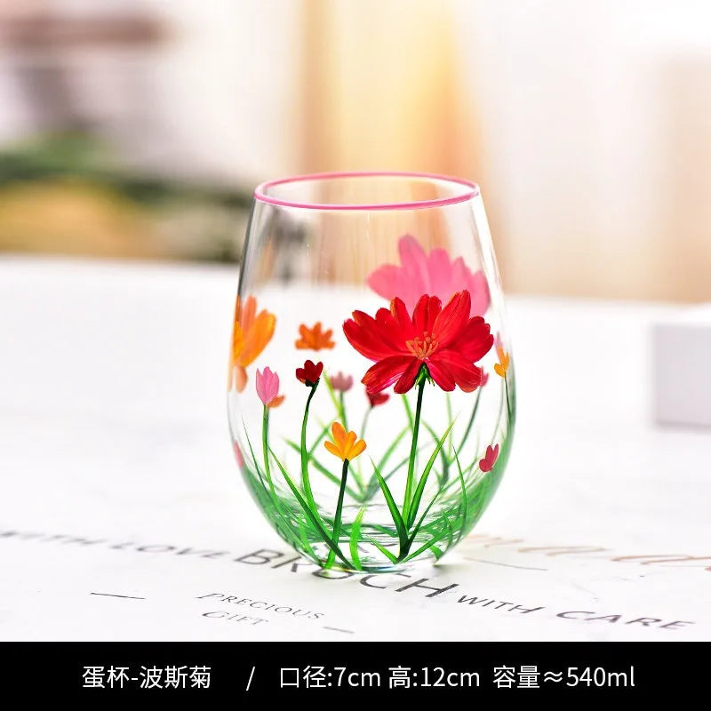 Hand Drawn Flower Patterned Crystal Glass Cup Festival Party Art High Feet