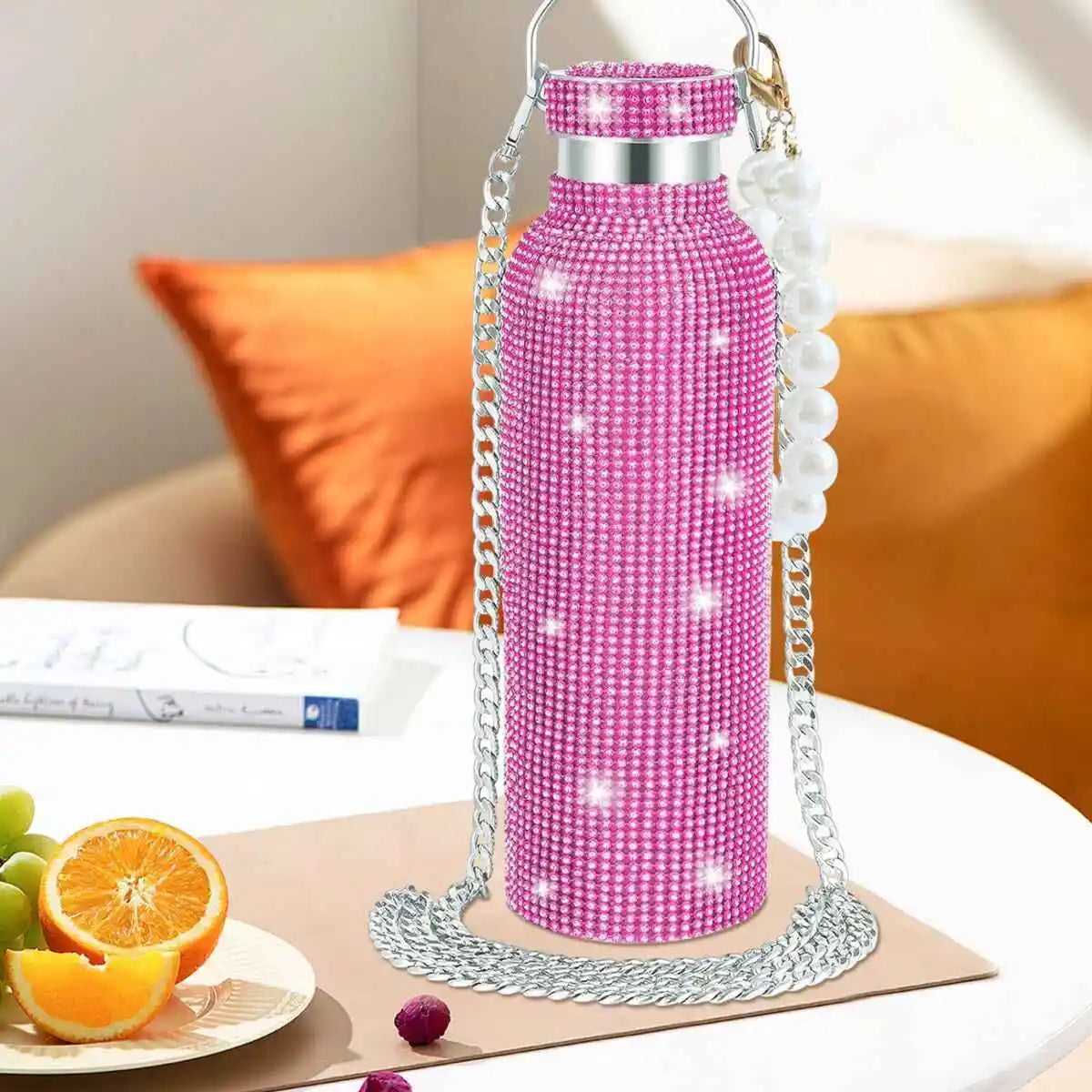 Luxury Rhinestone Thermos Bottle 2pcs Chain Portable Water Bottle Double Wall