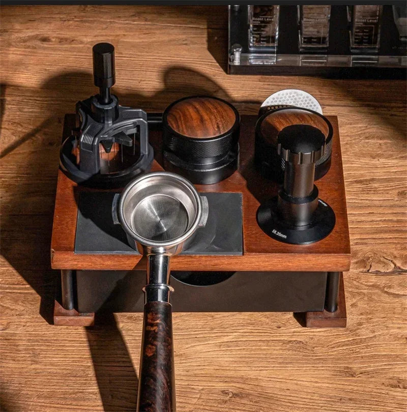 Wooden Coffee Tamper Station Stand with Knock Box Coffee Organizer Box