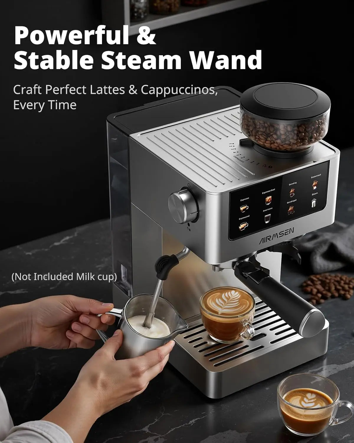 Bar Espresso Machine with Burr Grinder & Milk Frother, Stainless Steel Home Coffee