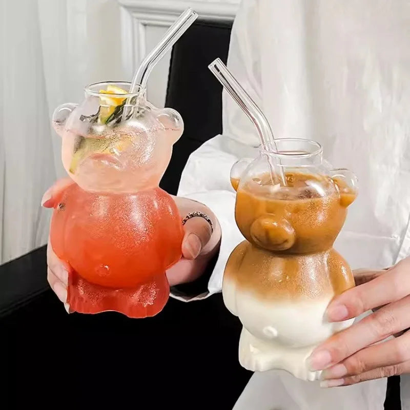 Cartoon Bear Shaped Glass Cup With Straw 300ml Transparent Juice Cocktail