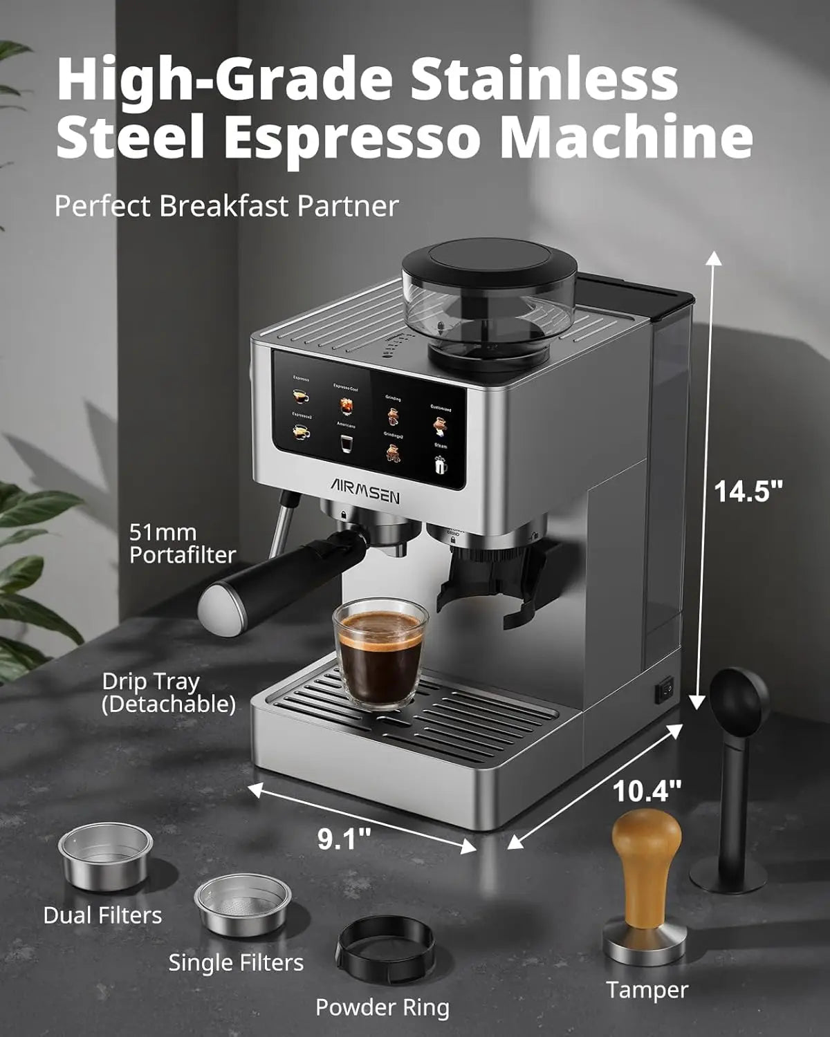 Bar Espresso Machine with Burr Grinder & Milk Frother, Stainless Steel Home Coffee