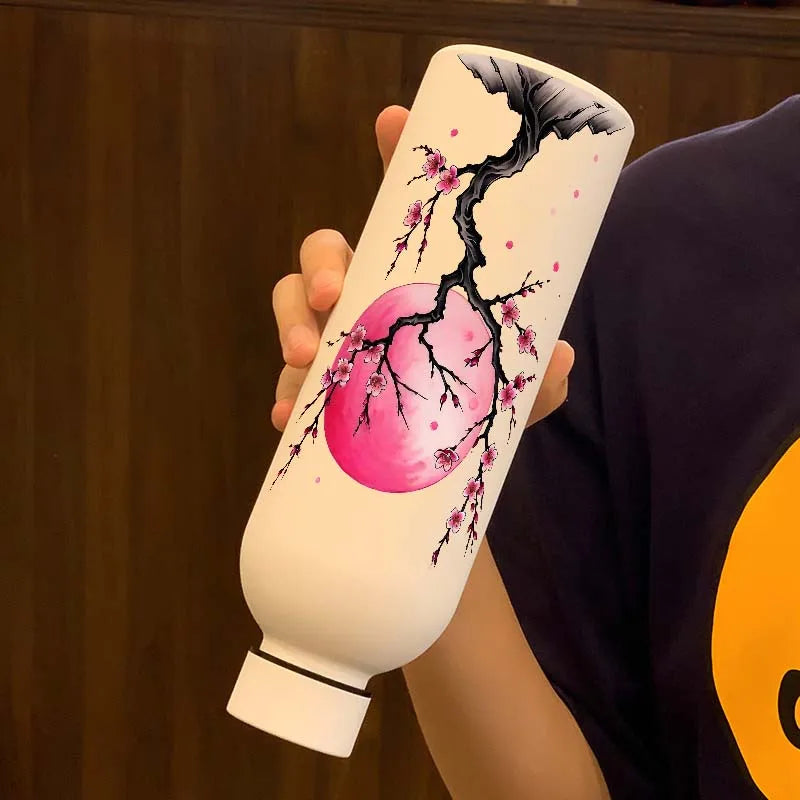 Art Design Cherry Blossom Stainless Steel Water Bottle Reusable Vacuum Flask Cup