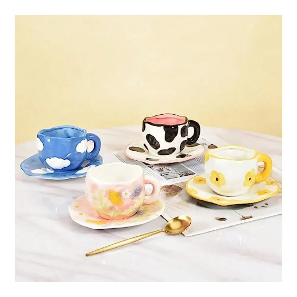 Ceramic Coffee Mug With Saucer Set Cute Creative Cup Unique Irregular Design