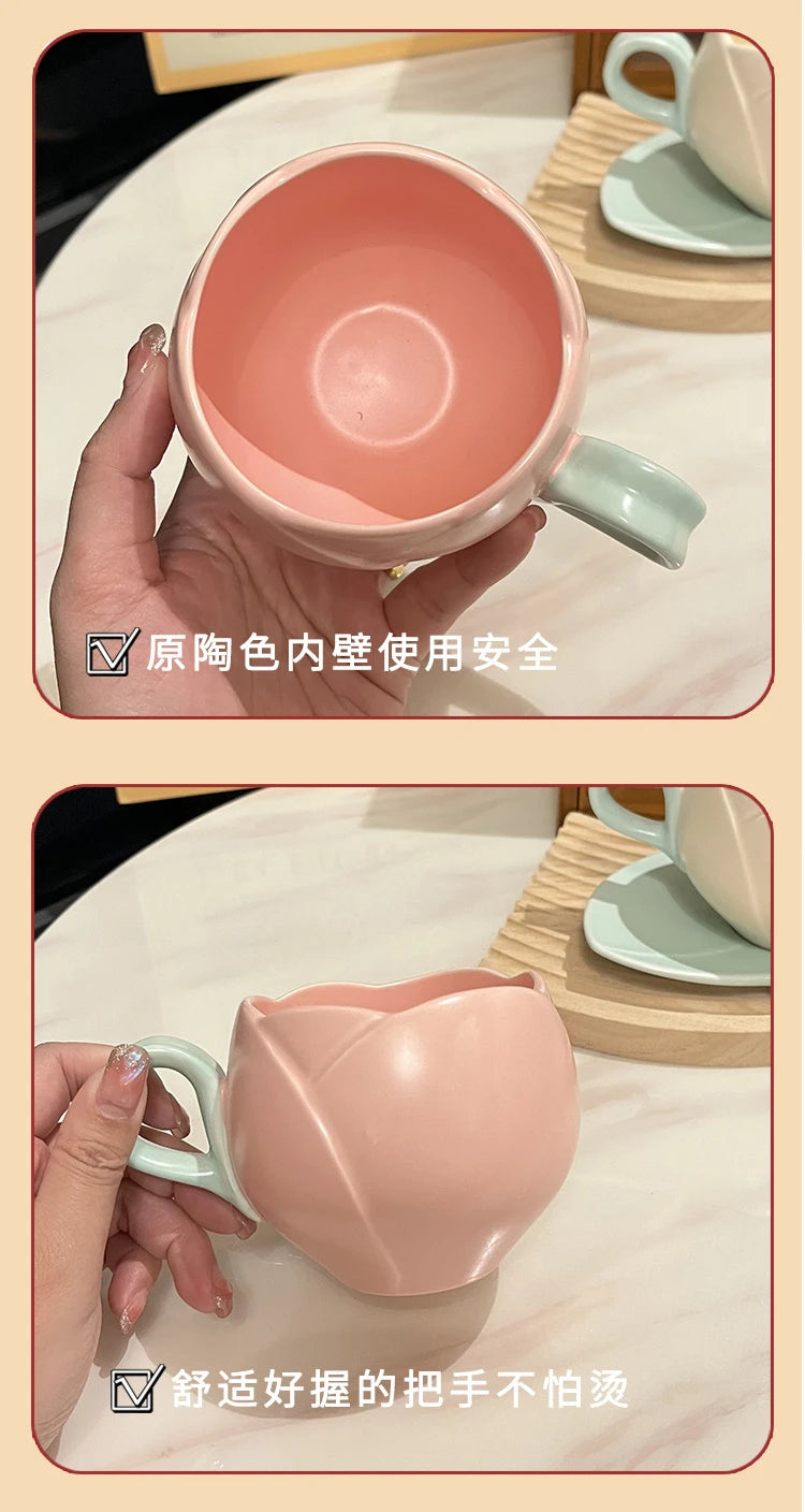 Tulip Cups and Saucers, Flower-shaped Ceramic Coffee Cups Lovely Drink Cups