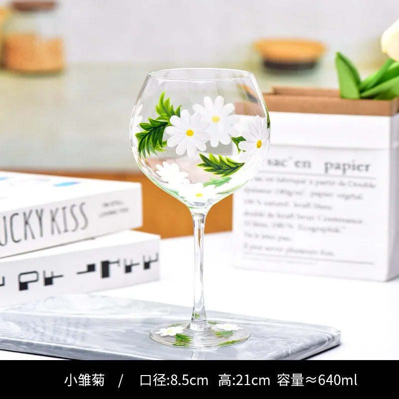 Hand Drawn Flower Patterned Crystal Glass Cup Festival Party Art High Feet