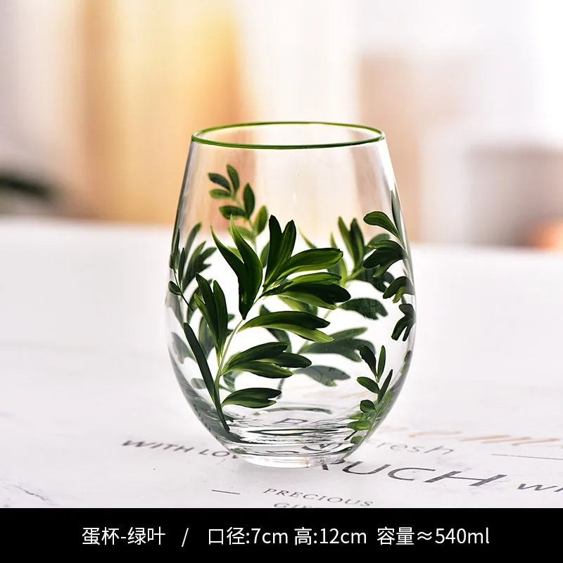 Hand Drawn Flower Patterned Crystal Glass Cup Festival Party Art High Feet