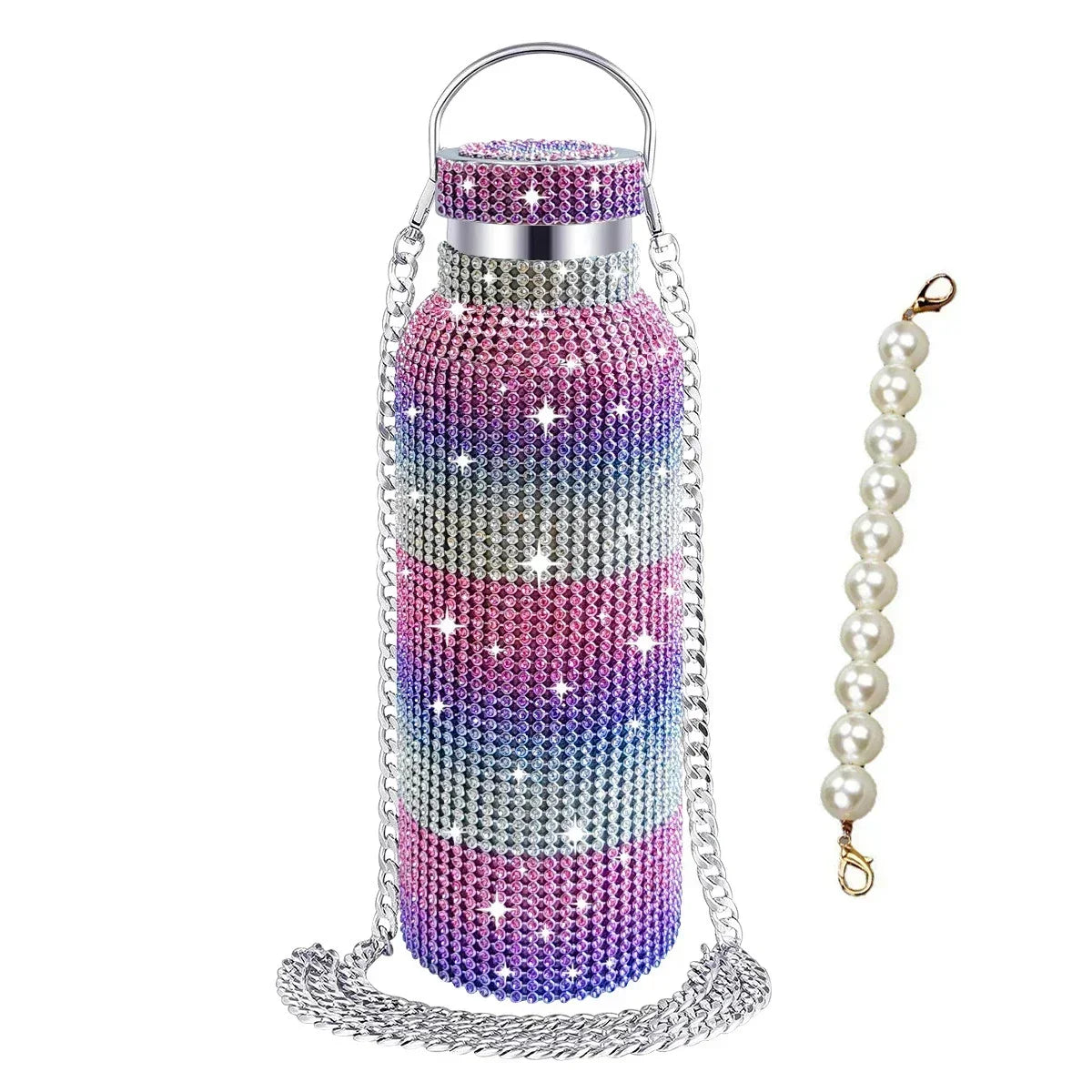 Luxury Rhinestone Thermos Bottle 2pcs Chain Portable Water Bottle Double Wall