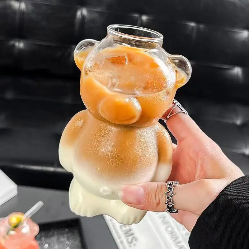 Cartoon Bear Shaped Glass Cup With Straw 300ml Transparent Juice Cocktail