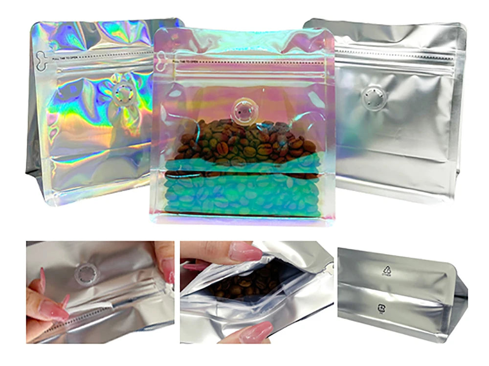 Holographic Coffee Bean Powder with ValveTea Storage Bag Mylar Packaging