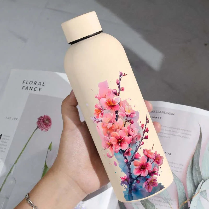 Art Design Cherry Blossom Stainless Steel Water Bottle Reusable Vacuum Flask Cup