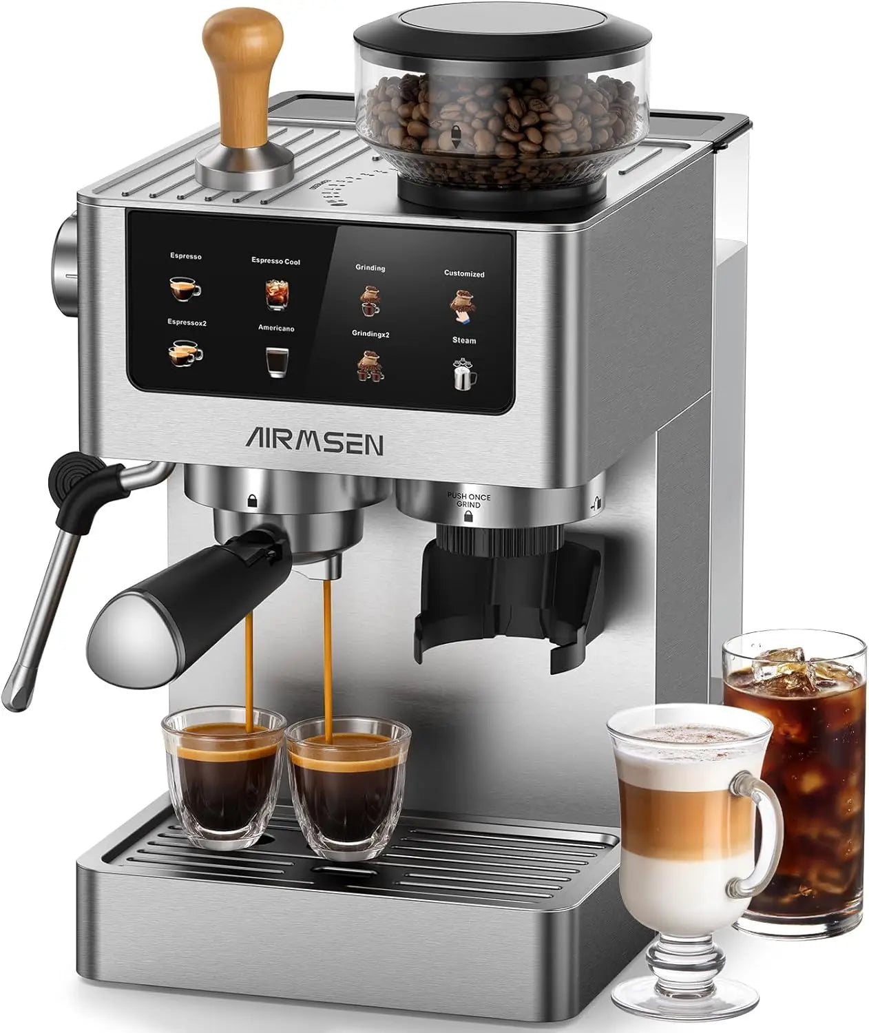 Bar Espresso Machine with Burr Grinder & Milk Frother, Stainless Steel Home Coffee