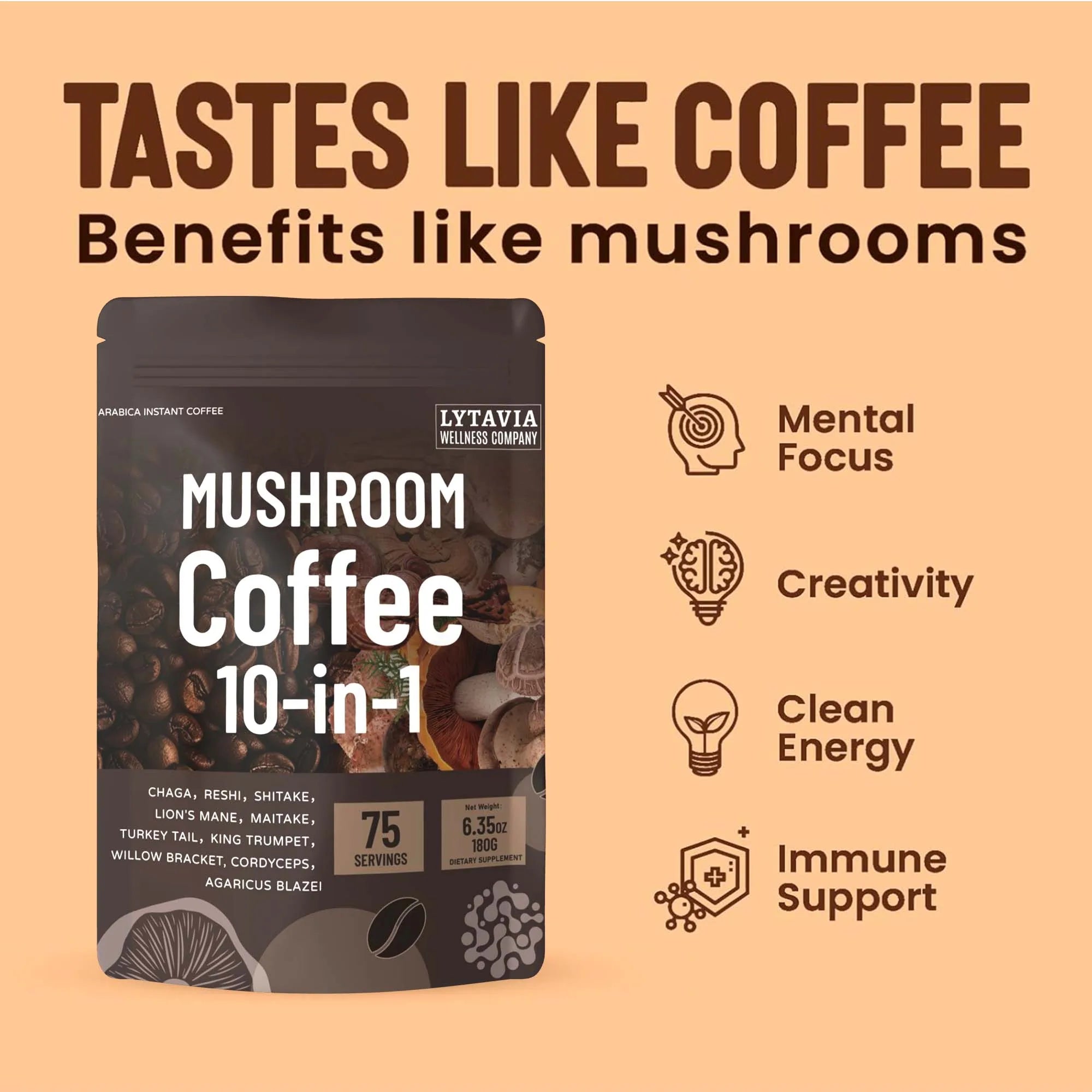 Mushroom Coffee With 10 Adaptogenic Mushrooms And MCT Oil Instant Coffee