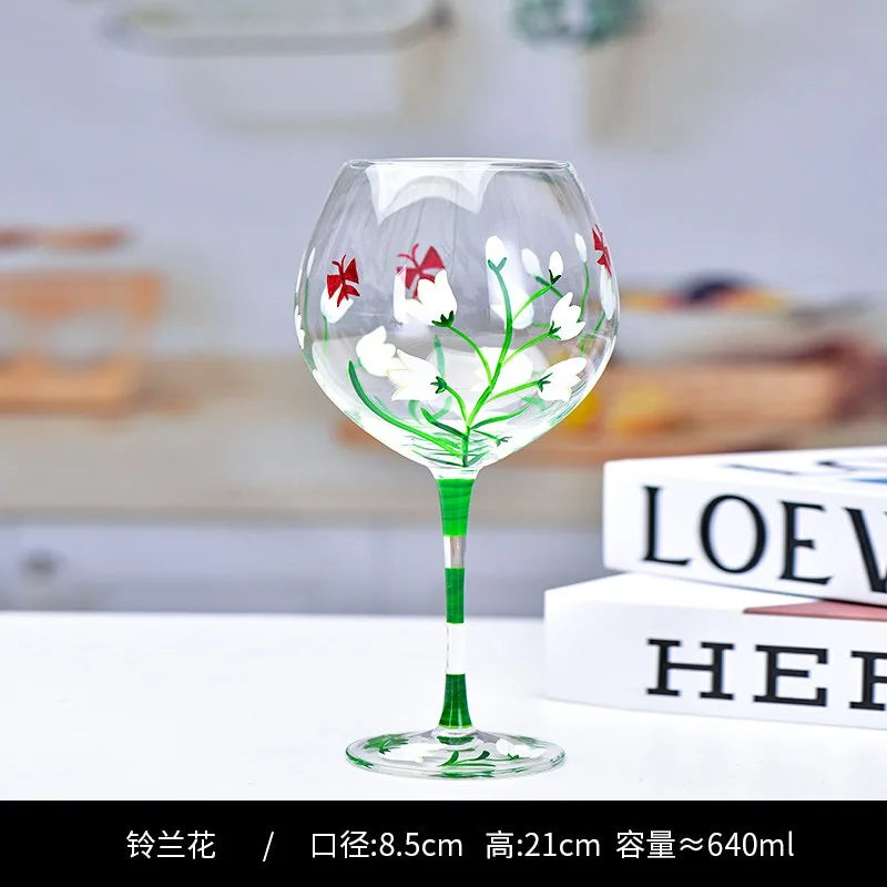 Hand Drawn Flower Patterned Crystal Glass Cup Festival Party Art High Feet