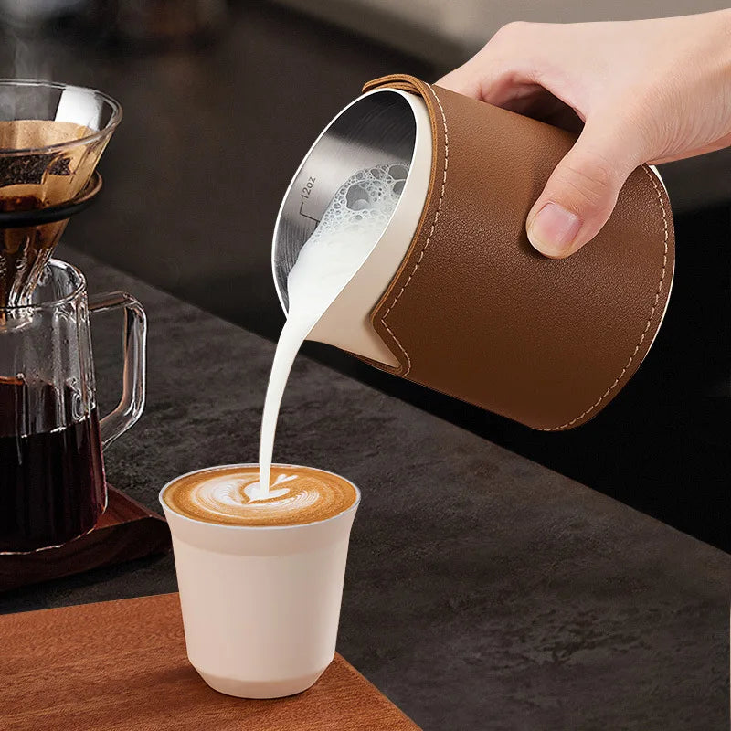 500ml Handleless Leather Covered Latte Jar Espresso Milk Frothing Jug with Sharp