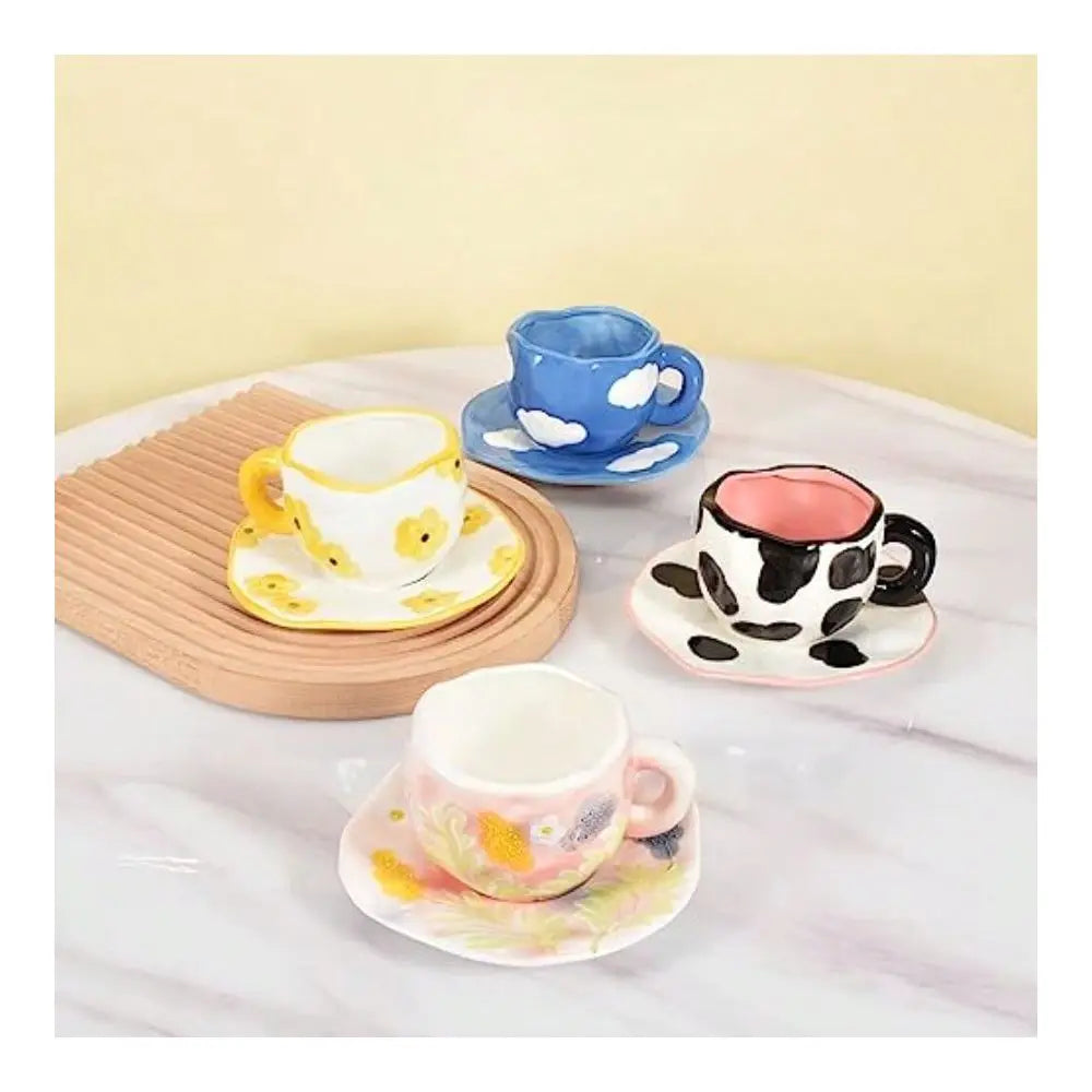 Ceramic Coffee Mug With Saucer Set Cute Creative Cup Unique Irregular Design