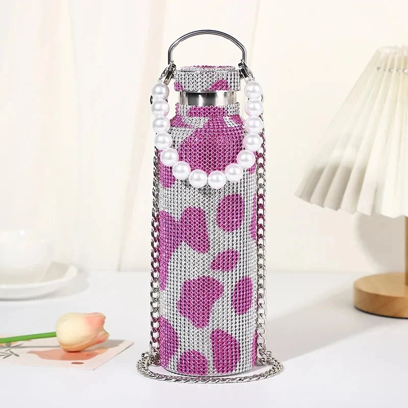 Luxury Rhinestone Thermos Bottle 2pcs Chain Portable Water Bottle Double Wall
