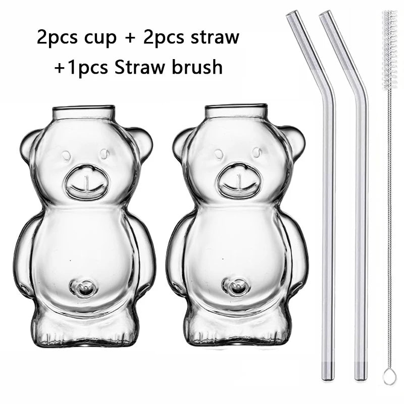 Cartoon Bear Shaped Glass Cup With Straw 300ml Transparent Juice Cocktail