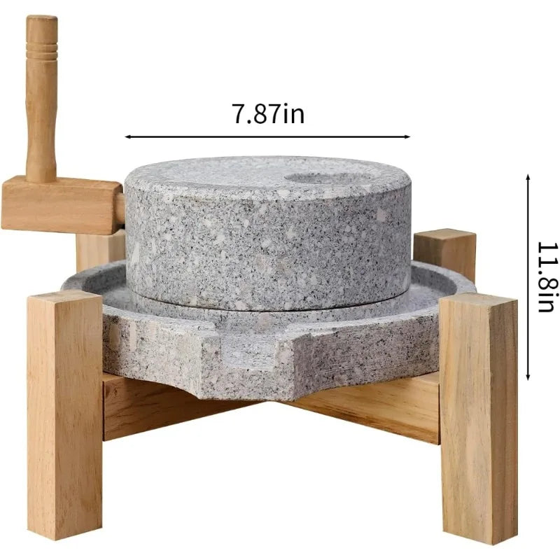 Artisanal Natural Stone Grain Mill with Solid Wood Base Manual Grinder