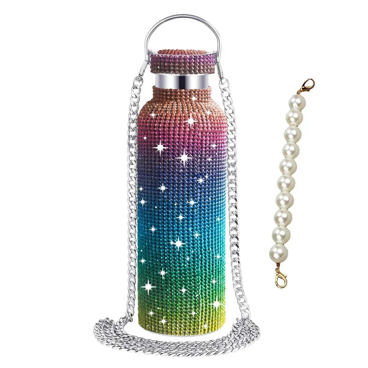 Luxury Rhinestone Thermos Bottle 2pcs Chain Portable Water Bottle Double Wall