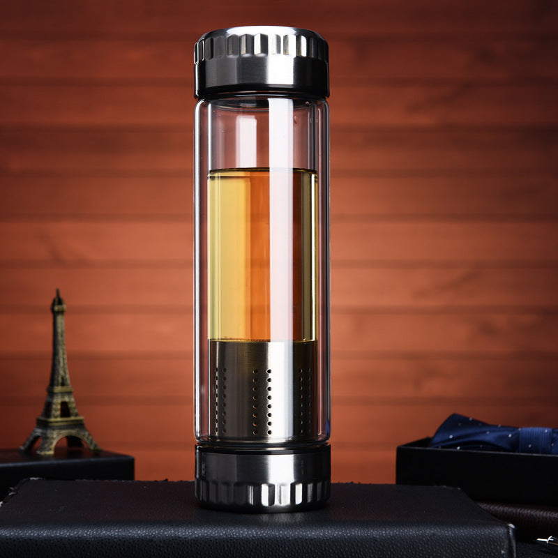 Glass Water Bottle Stainless Steel Tea Infuser Filter Double Wall Lid Thick Cup