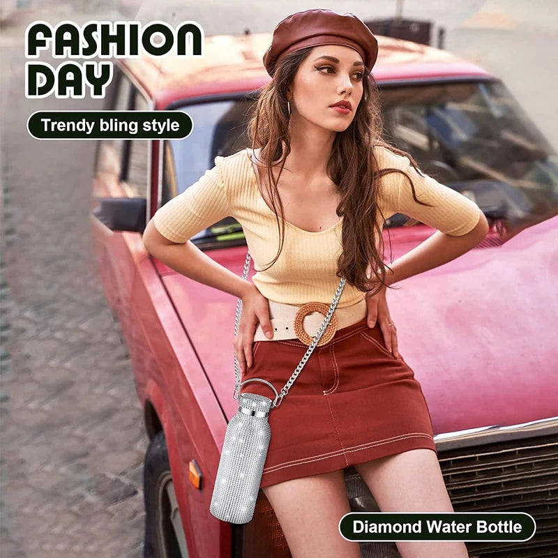 Luxury Rhinestone Thermos Bottle 2pcs Chain Portable Water Bottle Double Wall