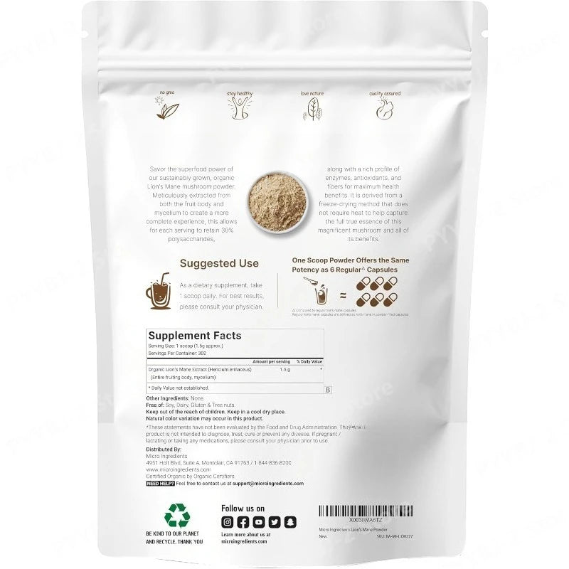 Organic Lion’s Mane Mushroom Powder Supports Brain Focus Energy and Immune