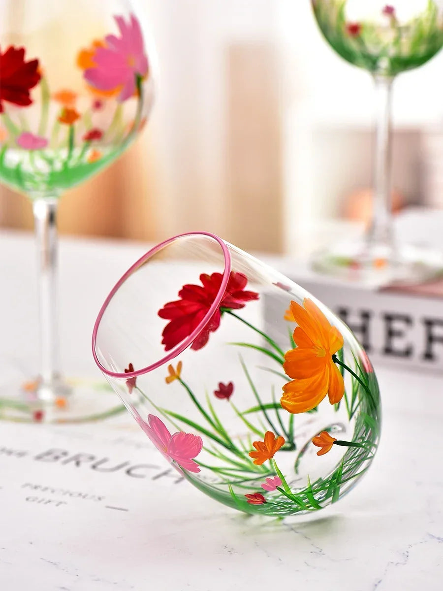 Hand Drawn Flower Patterned Crystal Glass Cup Festival Party Art High Feet