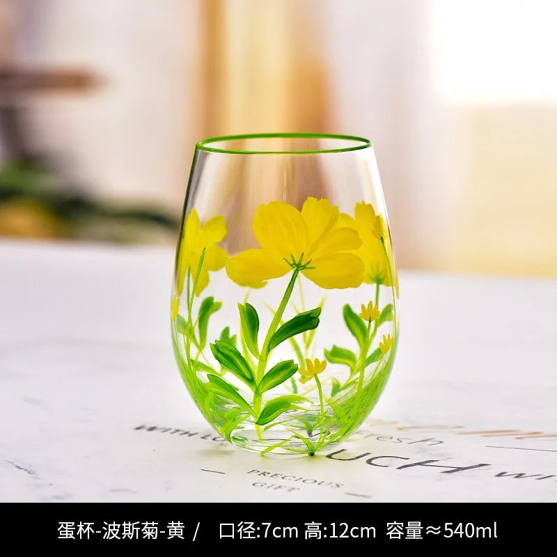 Hand Drawn Flower Patterned Crystal Glass Cup Festival Party Art High Feet