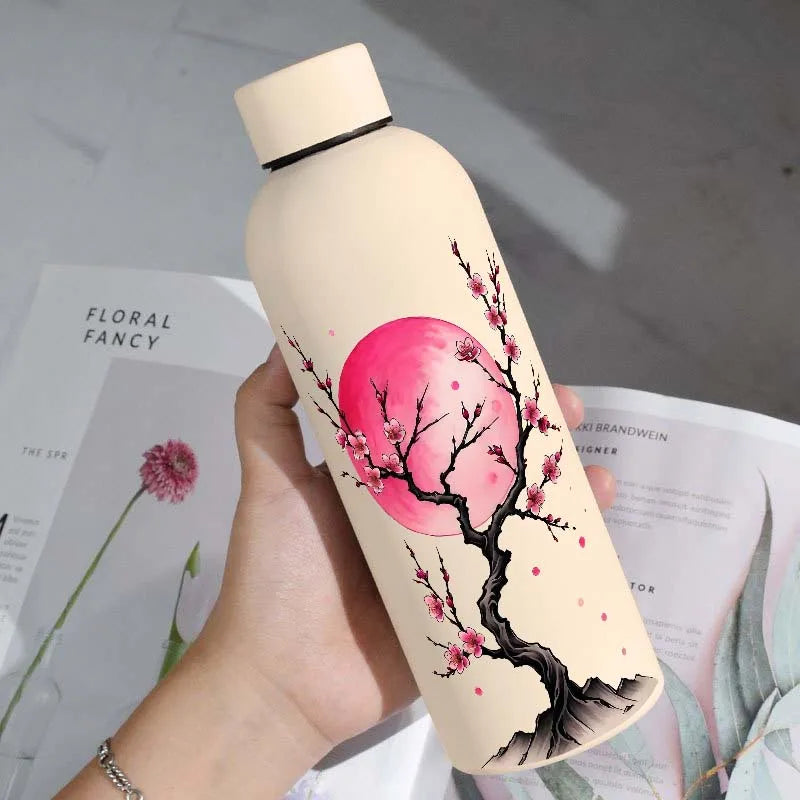 Art Design Cherry Blossom Stainless Steel Water Bottle Reusable Vacuum Flask Cup