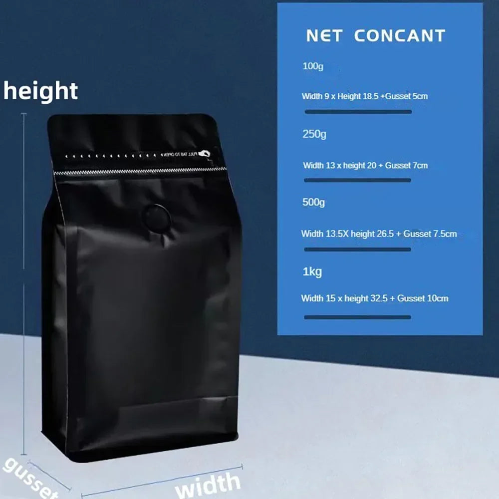 50pcs Matt Black Coffee Bean Powder Tea Packaging Bag with T-Zipper Bag