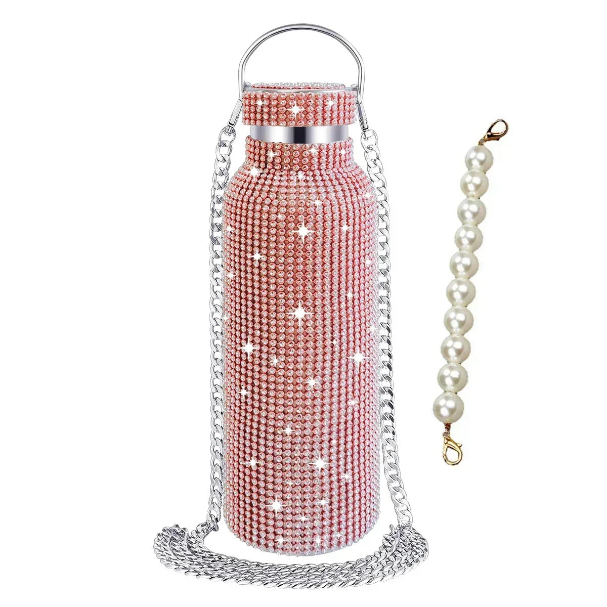 Luxury Rhinestone Thermos Bottle 2pcs Chain Portable Water Bottle Double Wall